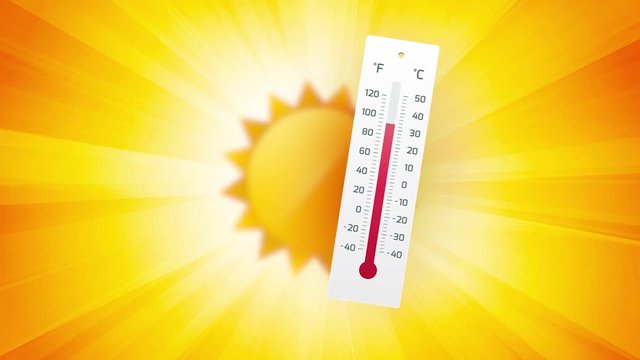 sun on warm summer background with thermometers and high temperatures