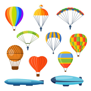 Illustration with different aerostats flat icons cartoon graphic. Modern balloon aerostat transport sky hot fly adventure journey and old vector air ballon travel transportation flight airship.