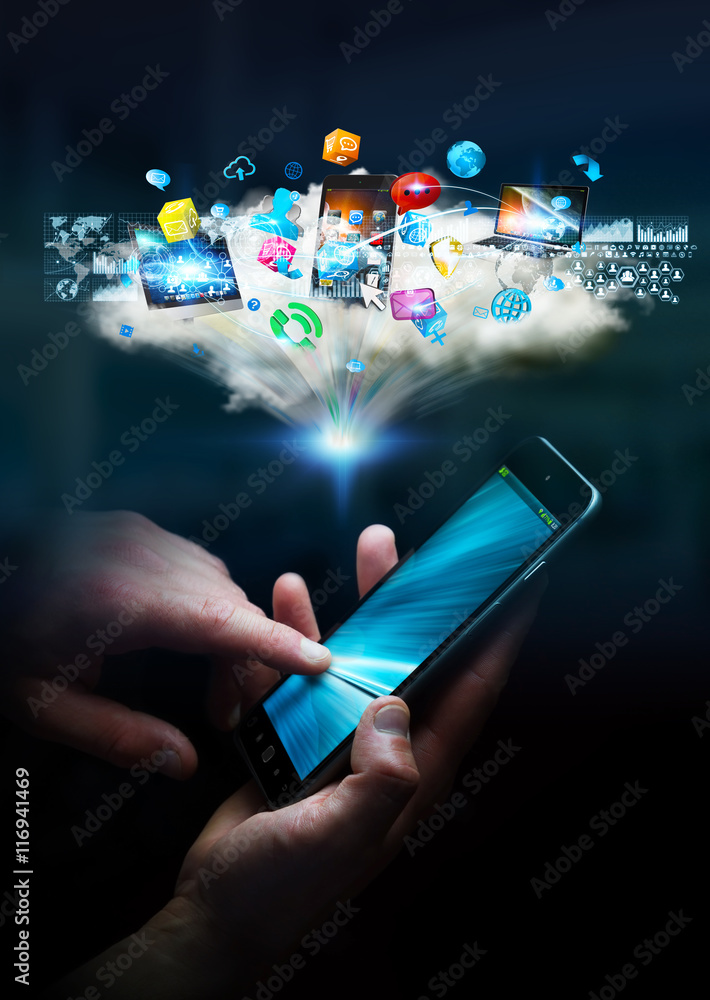 Poster businesswoman connected tech devices and icons applications with