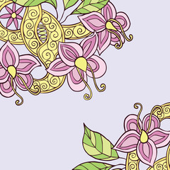 Square background with hand drawn colorful doodle flowers, leafs