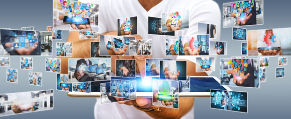 Businessman switching pictures on modern interface