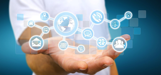 Businessman holding digital tactile screen web network with web