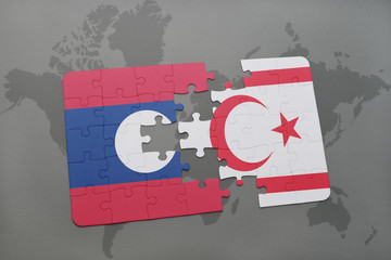 puzzle with the national flag of laos and northern cyprus on a world map background.