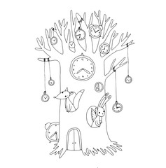 Magic tree, clock, fox and hare.