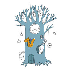 Magic tree, clock, fox and hare.