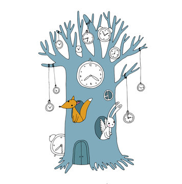 Magic tree, clock, fox and hare.