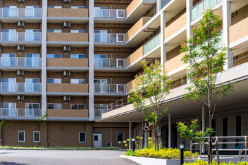 Apartment building in Japan, against blue sky