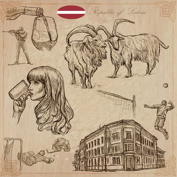 Latvia. Republic of Latvia. Vector pictures. Pictures of life and travel collection of an hand drawn illustrations. Pack of hand drawings. Set of freehand sketches. Line art technique.