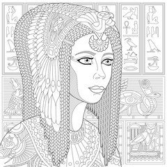 Stylized ancient queen Cleopatra (or Nefertiti) and egyptian symbols (hieroglyphs) on the background. Freehand sketch for adult anti stress coloring book page with doodle and zentangle elements.