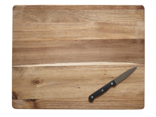 A wooden chopping board with sharp knife isolated on a white background