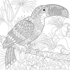 Stylized toucan bird sitting on palm tree branch among hibiscus flowers. Freehand sketch for adult anti stress coloring book page with doodle and zentangle elements.