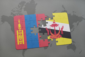 puzzle with the national flag of mongolia and brunei on a world map background.