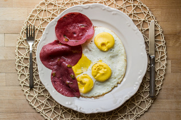 Fried eggs with bacon / Concept backround.