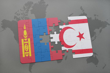 puzzle with the national flag of mongolia and northern cyprus on a world map background.