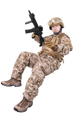 Soldier in uniform, ready to fight. Isolated on white background.