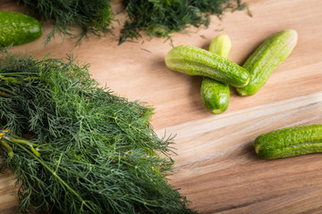 Twig of dill on a wooden board with cucumber.