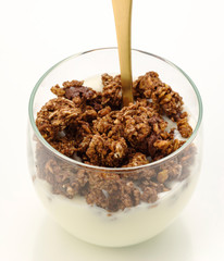 yogurt with chocolate cereal and spoon