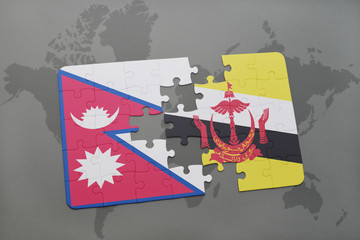 puzzle with the national flag of nepal and brunei on a world map background.