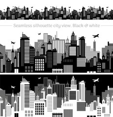 Horizontal cityscape with airplanes, abstract vector illustration. City view with urban elements - office buildings, shopping center, skyscrapers and other houses. Seamless pattern, white background