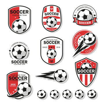 Vector illustration set of logos on football theme, as well as items for the game of football. It can be used as an emblem, logo and template for soccer tournaments.