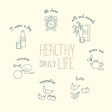 Healthy daily life modern line hand drawn icons, vector illustration