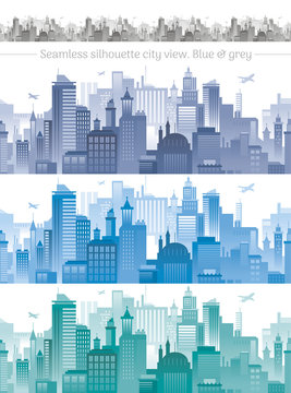 Horizontal cityscape with airplanes, abstract vector illustration. City view with urban elements - office buildings, shopping center, skyscrapers and other houses. Seamless pattern, white background