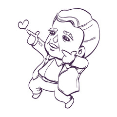 Vector Illustration of Happy Old Man with Two Hands Pointing Up High Aim for Love, Cute Cartoon Character Outline
