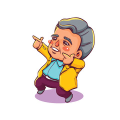 Vector Illustration of Happy Old Man with Two Hands Pointing Up High, Cute Cartoon Character
