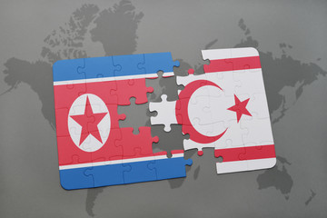 puzzle with the national flag of north korea and northern cyprus on a world map background.