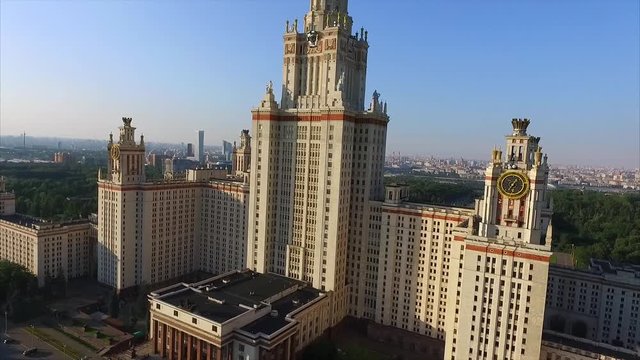 Aerial View of the Spire of the Main Building of Moscow State University and Moscow City