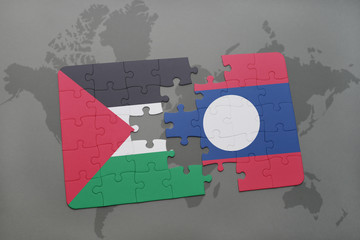 puzzle with the national flag of palestine and laos on a world map background.