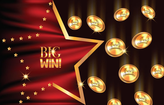 Big win banner with falling coins and star shaped frame  and red fabric.