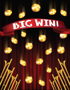 BIG WIN BANNER WITH THEATER CURTAINS AND FALLING COINS. 