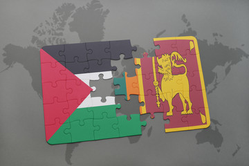 puzzle with the national flag of palestine and sri lanka on a world map background.