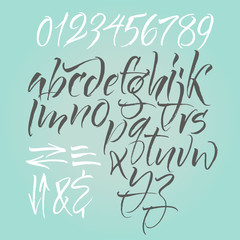 Alphabet letters: lowercase, uppercase, numbers. Vector alphabet. Hand drawn letters. Letters of the alphabet written with a soft watercolor paint brush