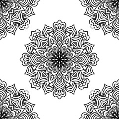 Black and white fantasy seamless pattern with ornamental round doodle flower isolated on white background. Black outline mandala. Geometric circle element wallpaper. Vector illustration.