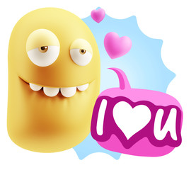 3d Rendering. Love Biting Lip Emoticon Face saying I Love U with