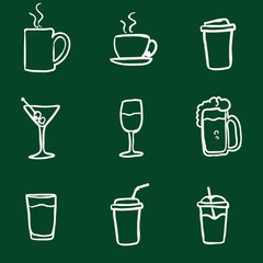 Vector Set of Chalk Doodle Drinks Icons.