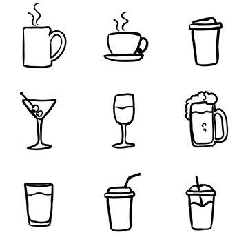 Vector Set of Black Doodle Drinks Icons.