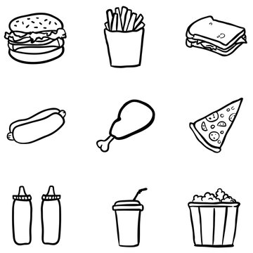 Vector Set of Black Doodle Fast Food Icons.