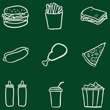 Vector Set of Chalk Doodle Fast Food Icons.