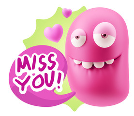 3d Rendering. Love Biting Lip Emoticon Face saying Miss You with