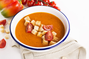 Tomato carrot soup with croutons