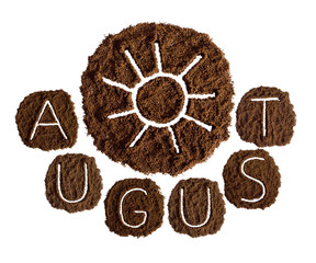 August and sun, decorated with ground coffee on white background