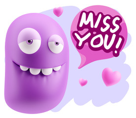3d Rendering. Love Biting Lip Emoticon Face saying Miss You with