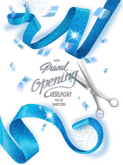 Grand opening banners with blue sparkling ribbons and confetti