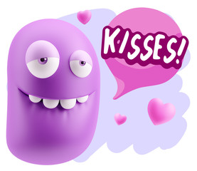 3d Rendering. Love Biting Lip Emoticon Face saying Kisses with C