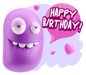 3d Rendering. Love Biting Lip Emoticon Face saying Happy Birthda