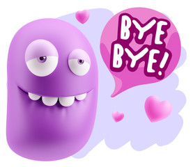 3d Rendering. Love Biting Lip Emoticon Face saying Bye Bye with