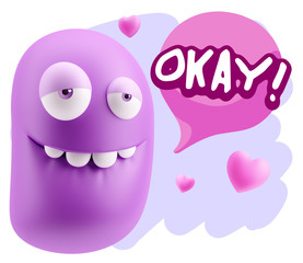 3d Rendering. Love Biting Lip Emoticon Face saying Okay with Col